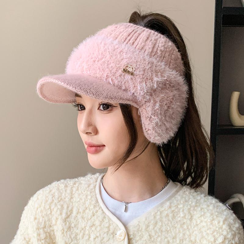 Новая женская зимняя шапка из меха кролика, плюшевая меховая подкладка, теплые шапки для женщин, повседневная зимняя вязаная козырек