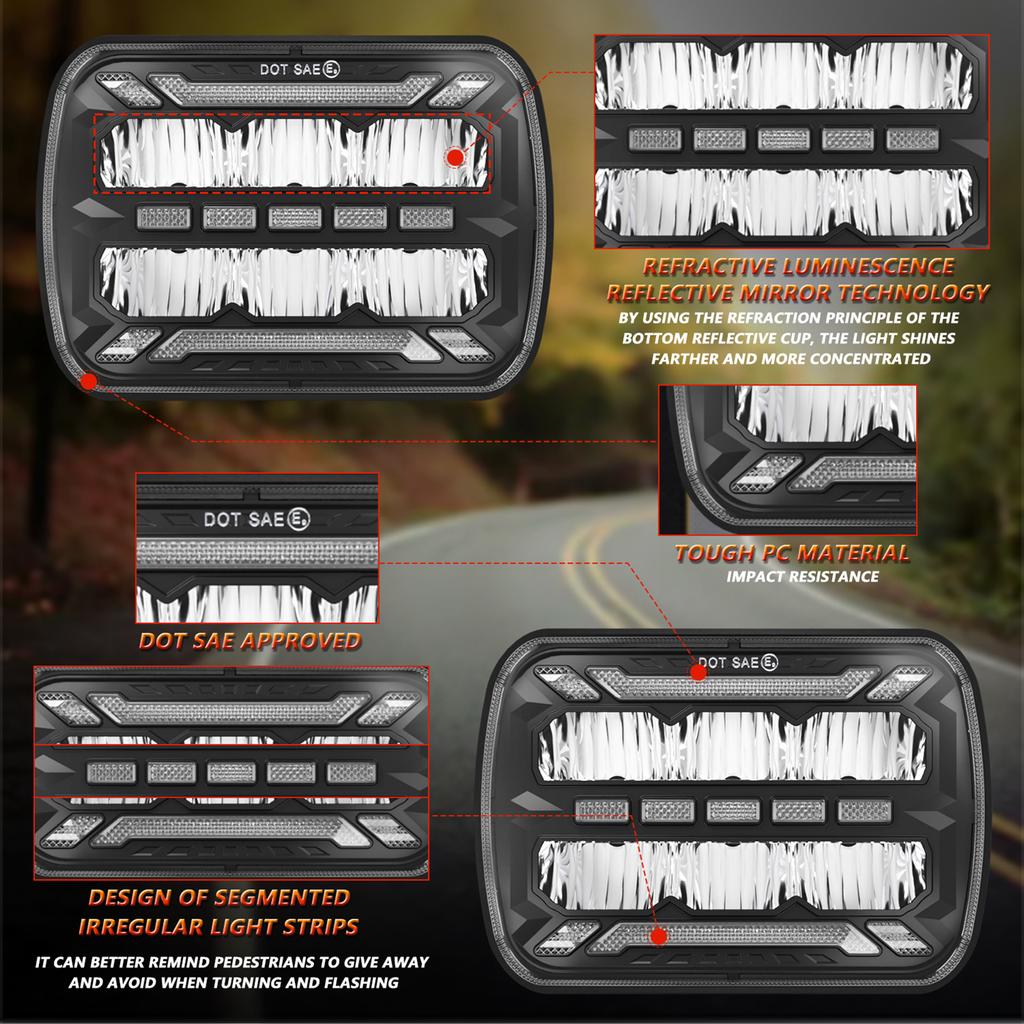 7x6 LED Headlights 5x7 Square LED Headlamp 1Pair with Daytime Running Lights Turn Signal Light High