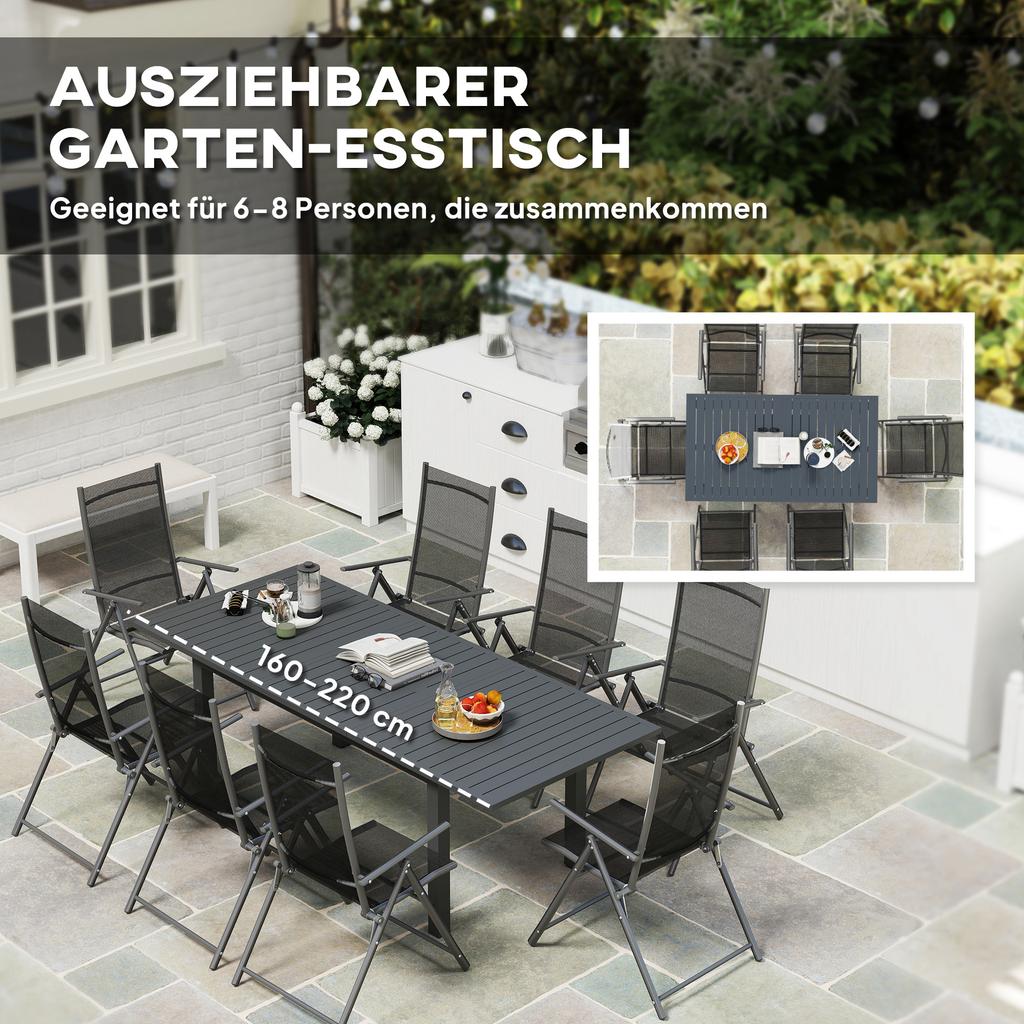 Aluminium Extending Garden Table with Slatted Top for 6-8 Person, 160/220 x 90 x 73 cm, Grey