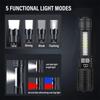 Rechargeable LED Hands-Free Flashlight, Portable Flashlight with Telescopic Zoom and Power Indicator Light, Five Lighting Modes