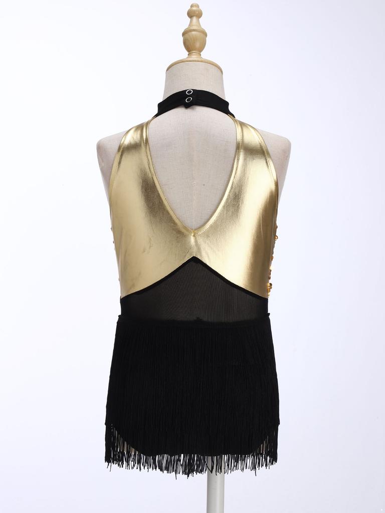 Kids Girls Cha-cha Salsa Latin Dance Costume Shiny Sequins Halter Sleeveless Mesh Waist Keyhole Metallic Back Tassels Leotard Dancewear