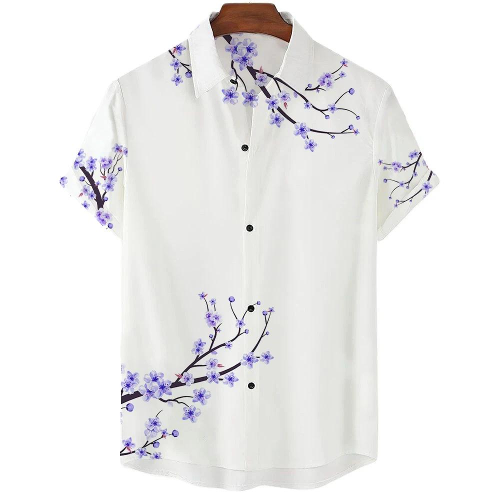 Japanese Aesthetic Cherry Blossom Print Men's Shirt Fashionable Luxury Lapel Button-down Shirt Casual Short-sleeved Tops