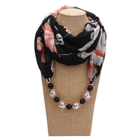 Beads Pendant Floral Print Necklace Scarf Simple Ethnic Style Vintage Chiffon Scarf for Home