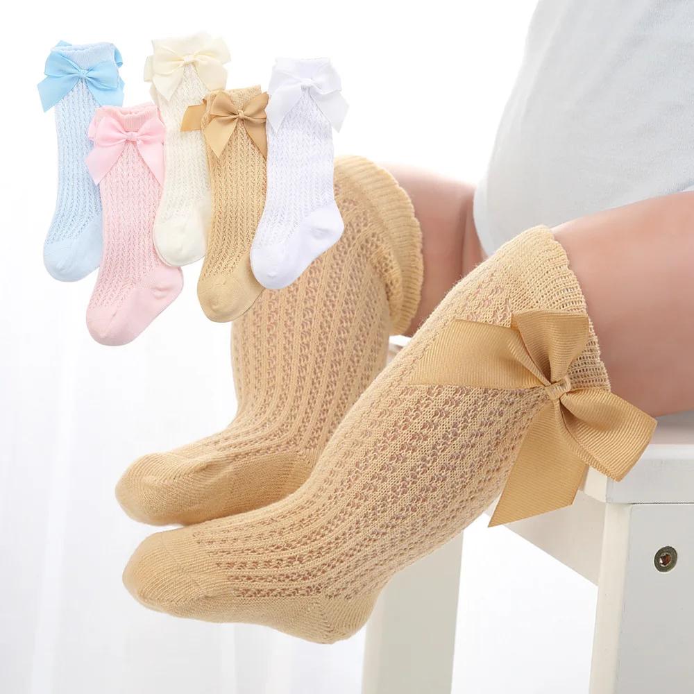 0-7Yrs Baby Girls Socks Toddlers Bow Long Sock Kids Knee High Soft Cotton Mesh Spanish Style Hollow Out Lace Baby Socks