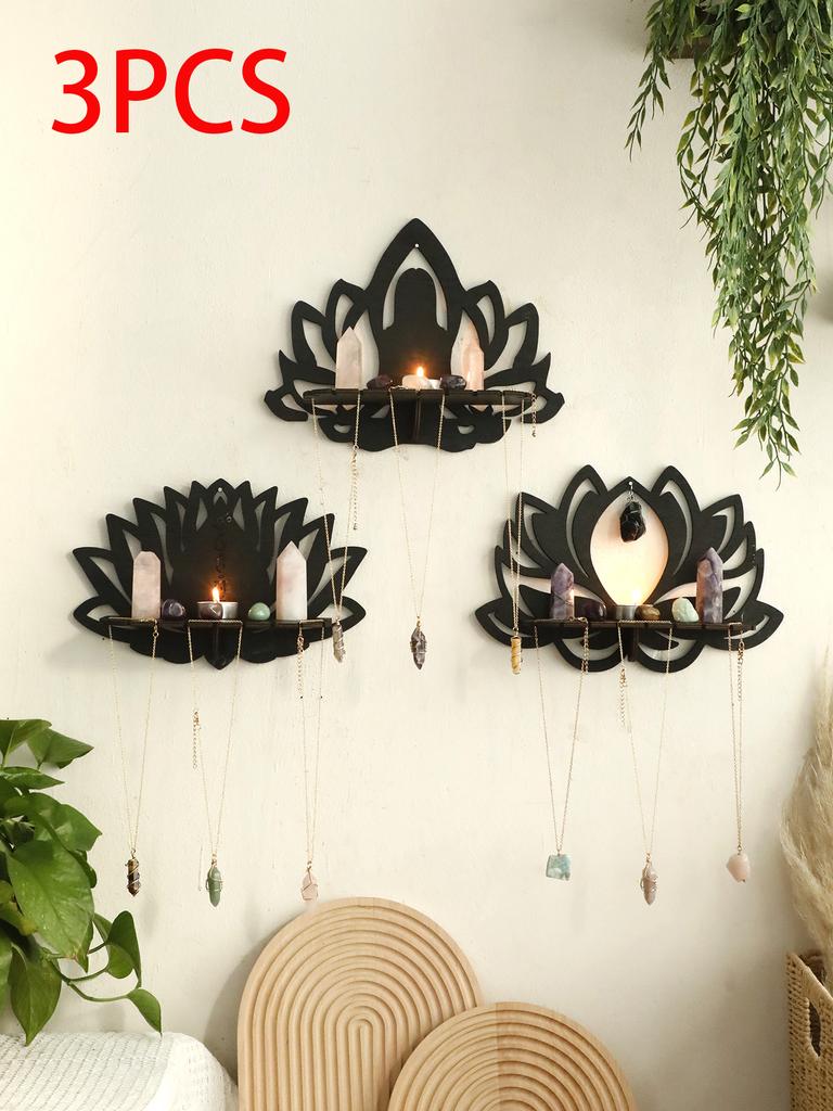 Полка-дисплей Lotus Ccrystal Черные Деревянные Настенные Полки Boho Плавающая Настенная Полка для Спален Офисов Гостиной Эстетичный Подарок