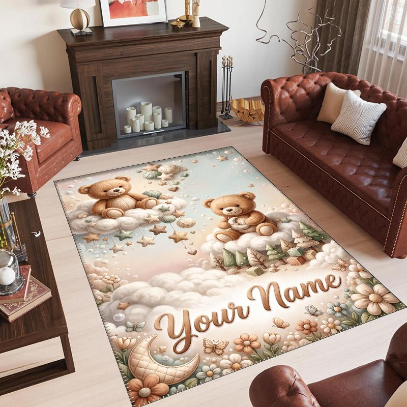 Teddy Bear Theme Crystal Velvet Rug Personalized Custom Name Text Soft Floor Mat Home Decor