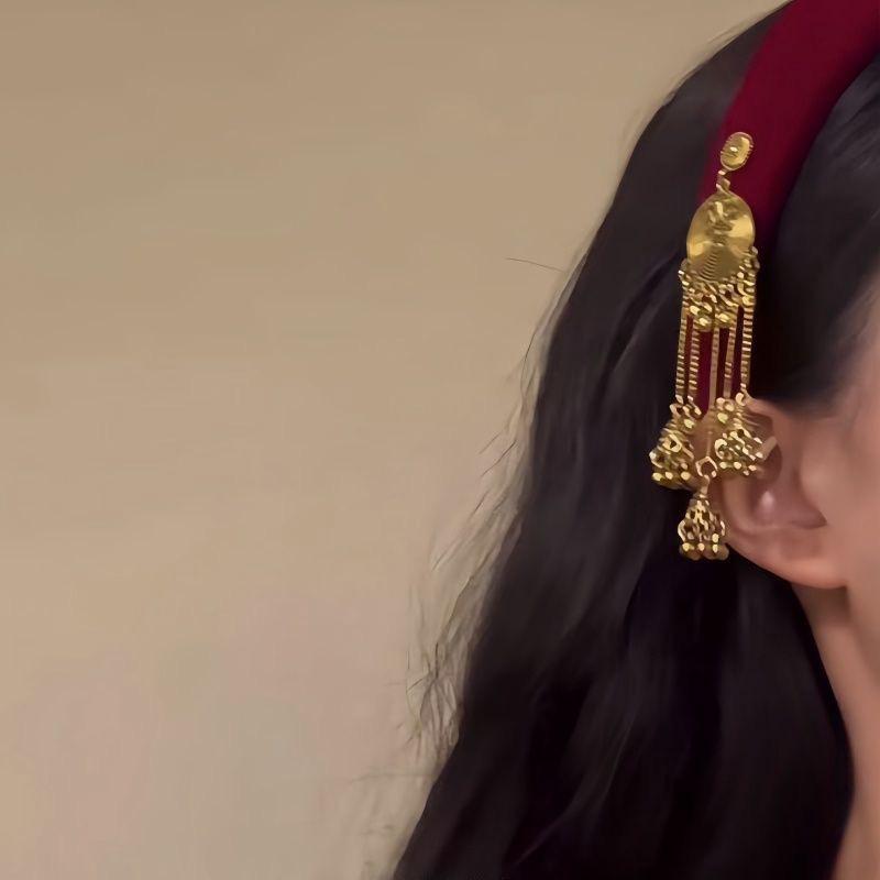 Ethnic Bell Round Texture Double Tassel Velvet New Year Red Headband Fashion Versatile Magnificent Hair Accessories for Women