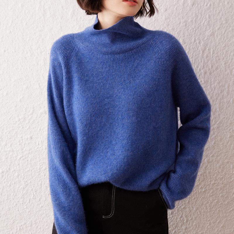 Women's High Neck Cashmere Sweater - 2026 Autumn/Winter Ribbed Knit, Simple Loose Fit, Slimming & Warm