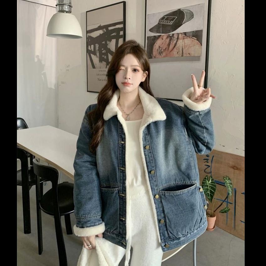 Джинсовая куртка женская плюс бархатная толстая теплая куртка выбеленный деним повседневная большая свободная куртка