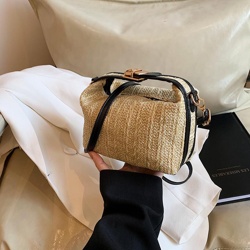 Chic Black And Khaki Pu Woven Shoulder Bag For Summer Beach Vacation Style