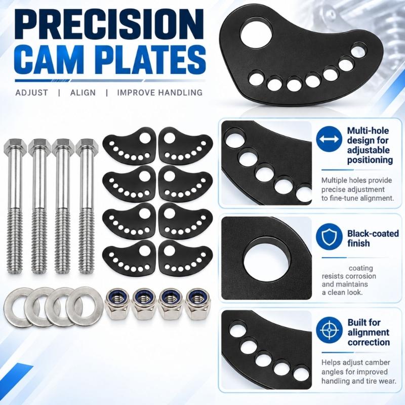 Cambers Lock Lock Plate and Bolt Kit with Adjustments at 0.5 Degrees, Curved Perforated Plates, and Iron Hardware for Suspension Service