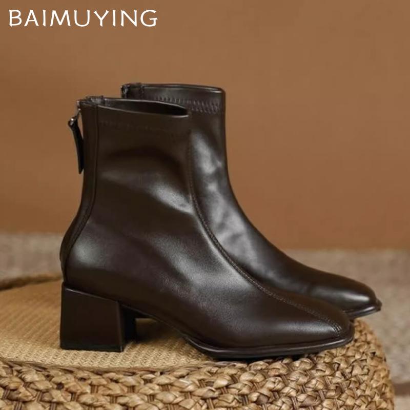 Chunky Women Ankle Boots Mid Heels Square Toe Retro Leather Shoes 2025 Trend Designer Goth Pumps Winter Chelsea Botas De Mujer