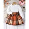Девочки Осень 2 предмета Юбка Наряды Длинный рукав-буф А-силуэт Клетчатый комплект юбки