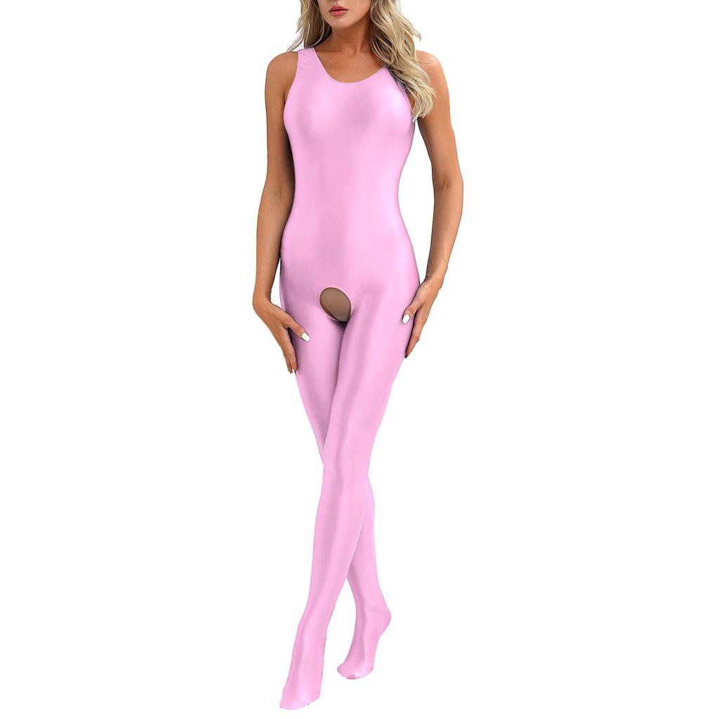 Женское однотонное боди для всего тела с U-образным вырезом без рукавов, комбинезоны с отверстиями, глянцевый эластичный комбинезон, боди