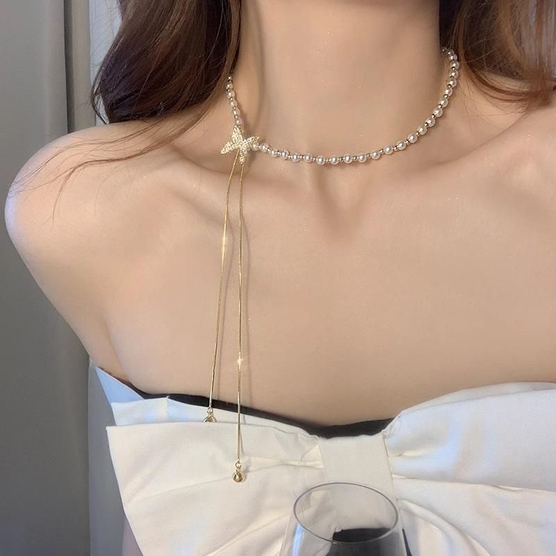 Sweet Premium Pearl Splicing Butterfly Tassel Pearl Necklace Female Pulling Adjustable Fashion Summer Collarbone Chain