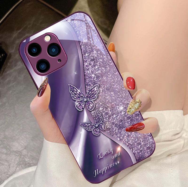 Золотая Бабочка Для IPhone 16 Pro Max 15 Pro 14 13 12 Mini 11 XS Max XR 7 8 Plus SE 2022 Закаленное Стекло Чехол для Телефона
