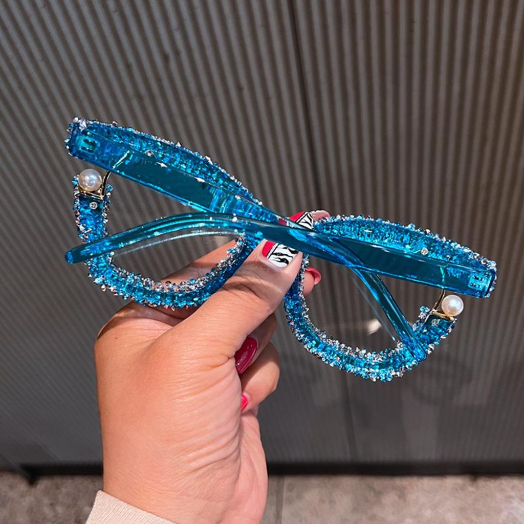 Candy Color Large Frame Pearl Rhinestone Decor Anti-Blue Light Glasses