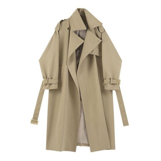 Женская ветровка с отложным воротником, свободное однотонное пальто с длинными рукавами, декорированное поясом, пальто средней длины с карманами, ветрозащитная женская куртка