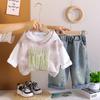 Boys' Hooded Sweatshirt Set, Fashionable Letter Long Sleeved Top for Spring and Autumn, Casual Jeans, Children's Three Piece Set