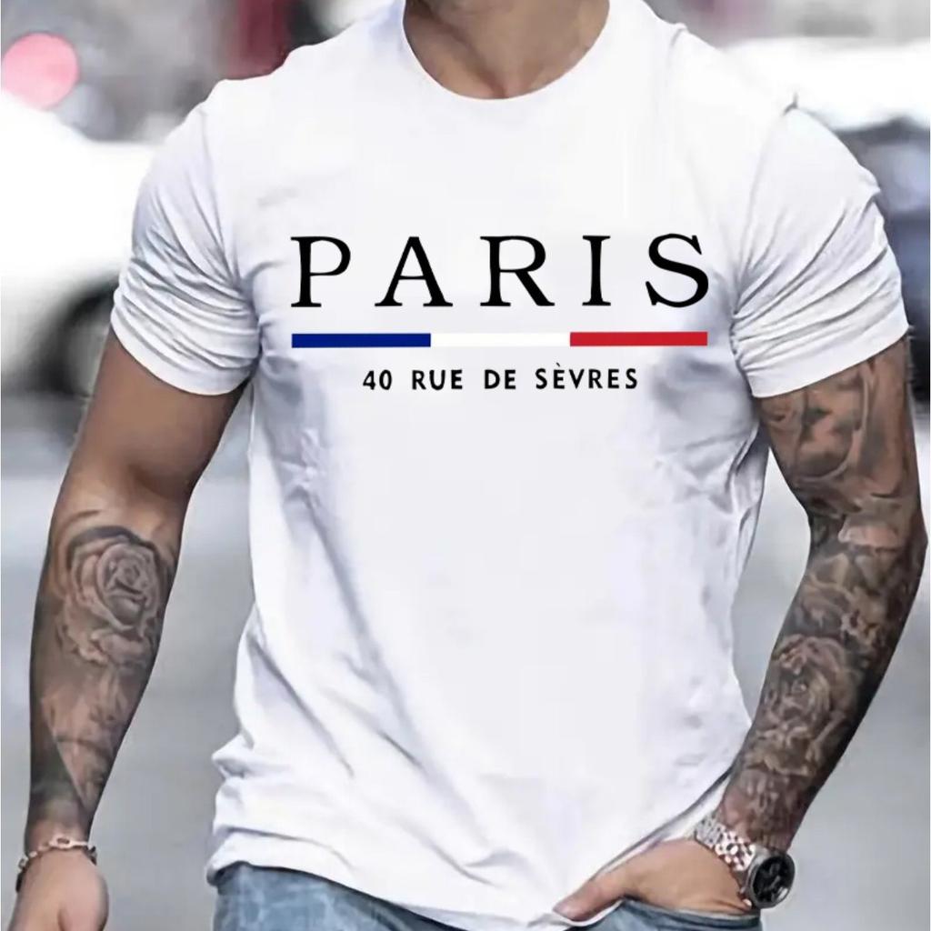 Men's 100% Pure Cotton Summer Loose Size PARIS Letter Pattern Print Casual Comfortable Round Neck Short Sleeved T-shirt Top