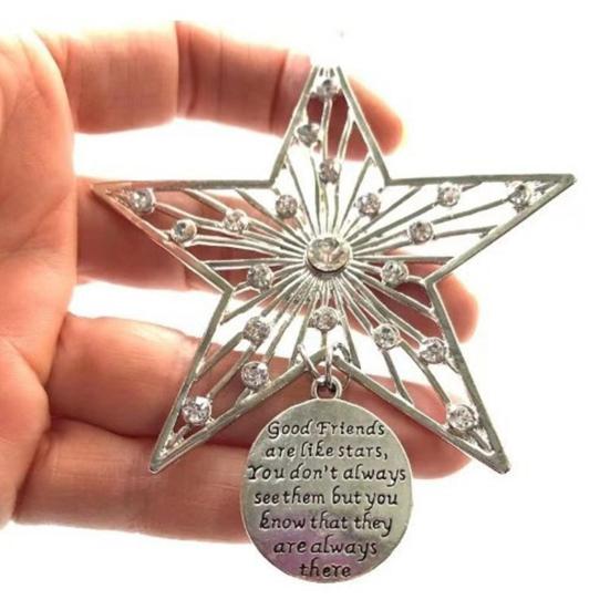 Christmas Friendship Charm Gift Metal Hanging Snowflake/Star/Round/Snowman Shaped Decoration with Blessing Inscription Love for Friend Family