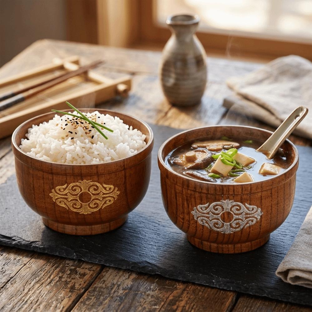 One‑piece Carved Integrated Rice Bowl Solid Wood Breakfast Bowl Food Bowl Light Food Matching