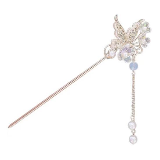 Chinese Style Faux Pearl Tassel Hair Stick Hollow Butterflies Shape Elegant Lady Back Head Hair Chopstick Headdress Hair Accessories