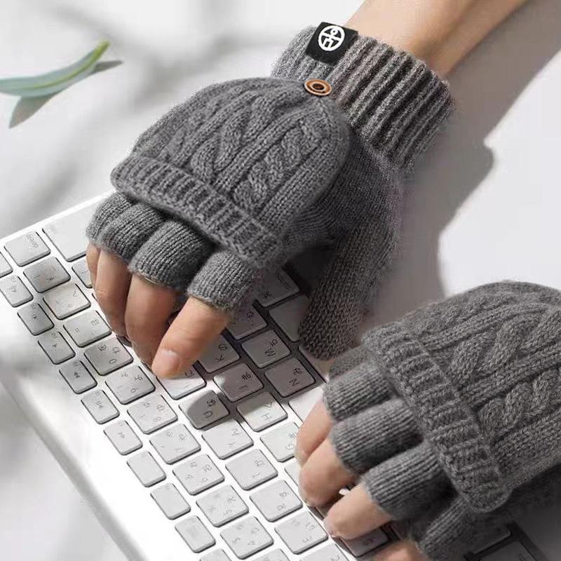 Winter Flip Two Purpose Half Finger Gloves for Women Cold Proof and Warm Students Touch Screen Gloves Thickened Plush Finger Revet Gloves for Men