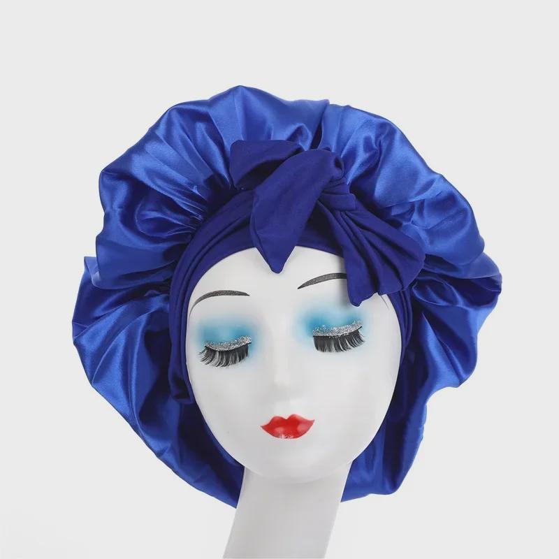 High Elastic Satin Nightcap with Wide Brim & Bow for Salon Hair Care