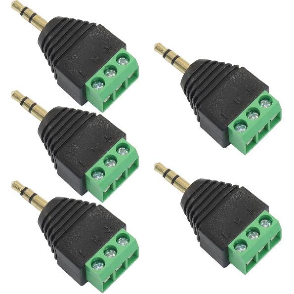 5 Pack TS Mono Male to 3 Pin Screw Terminal AUX Headphone Balun Connector, 3.5mm Audio Connector Solder Free Plug for Microphone