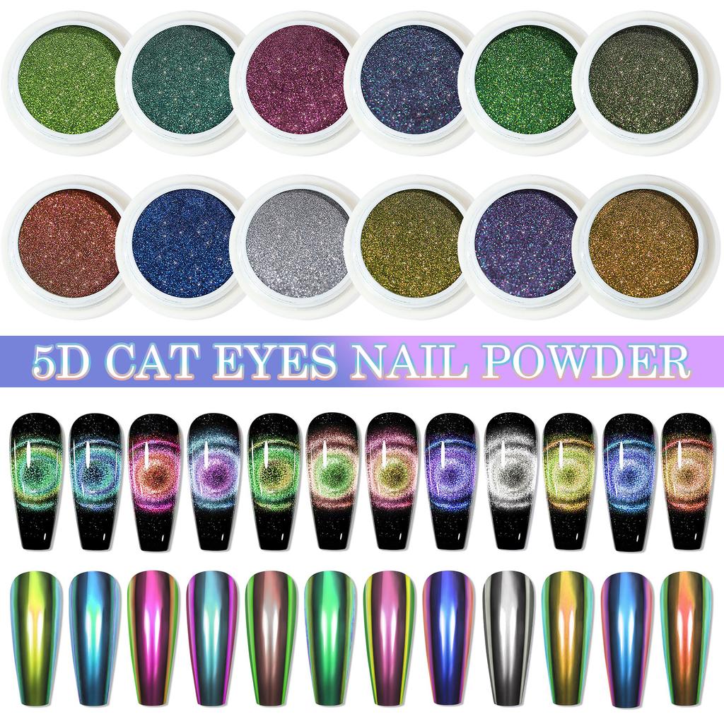 5D Magic Mirror Effect Cat Eye Powder Magnetic Nail Glitter Pigment Manicure Holographic Chrome Dust Can Use With Polish Gel