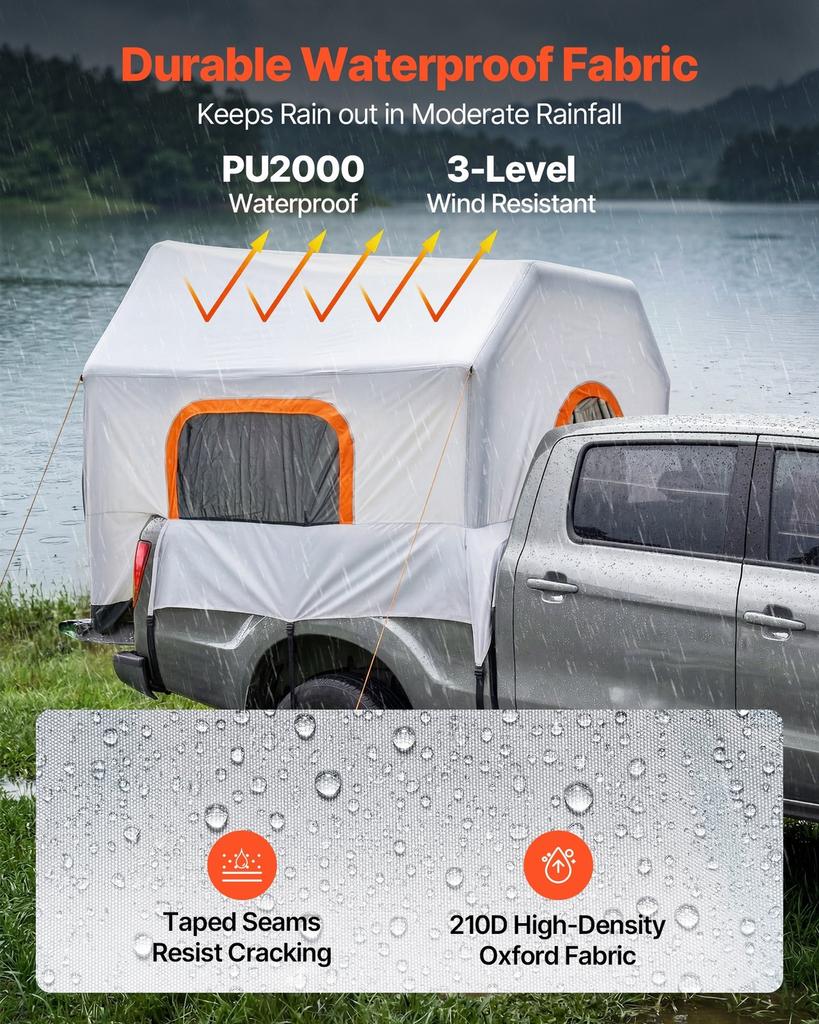 Inflatable Pickup Truck Tent, 2.2 x 1.65m 3-Season Truck Bed Tent with Ventilated Mesh Windows, PU2000mm Waterproof Pickup Camping Tents for Outdoor