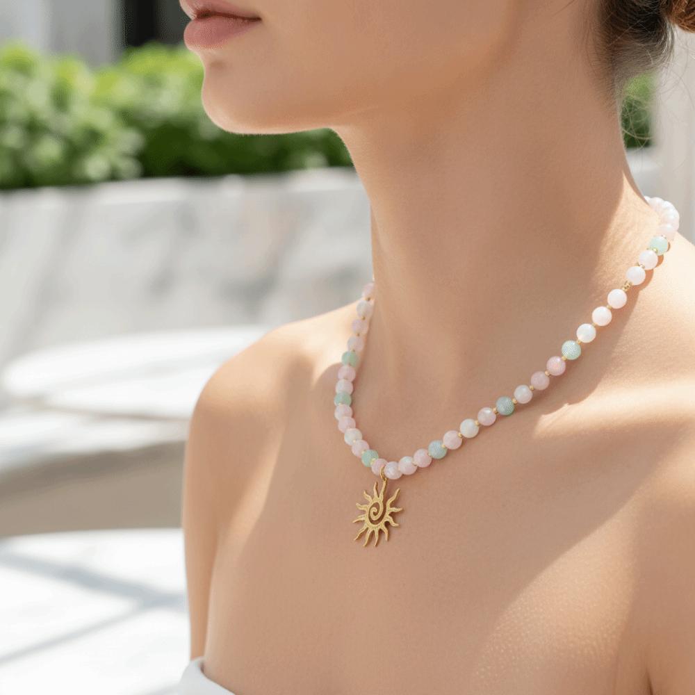 Gold Plated Beaded Bracelet Set UV Reactive Cat Eye Choker Sun Pendant Necklace Women Gift