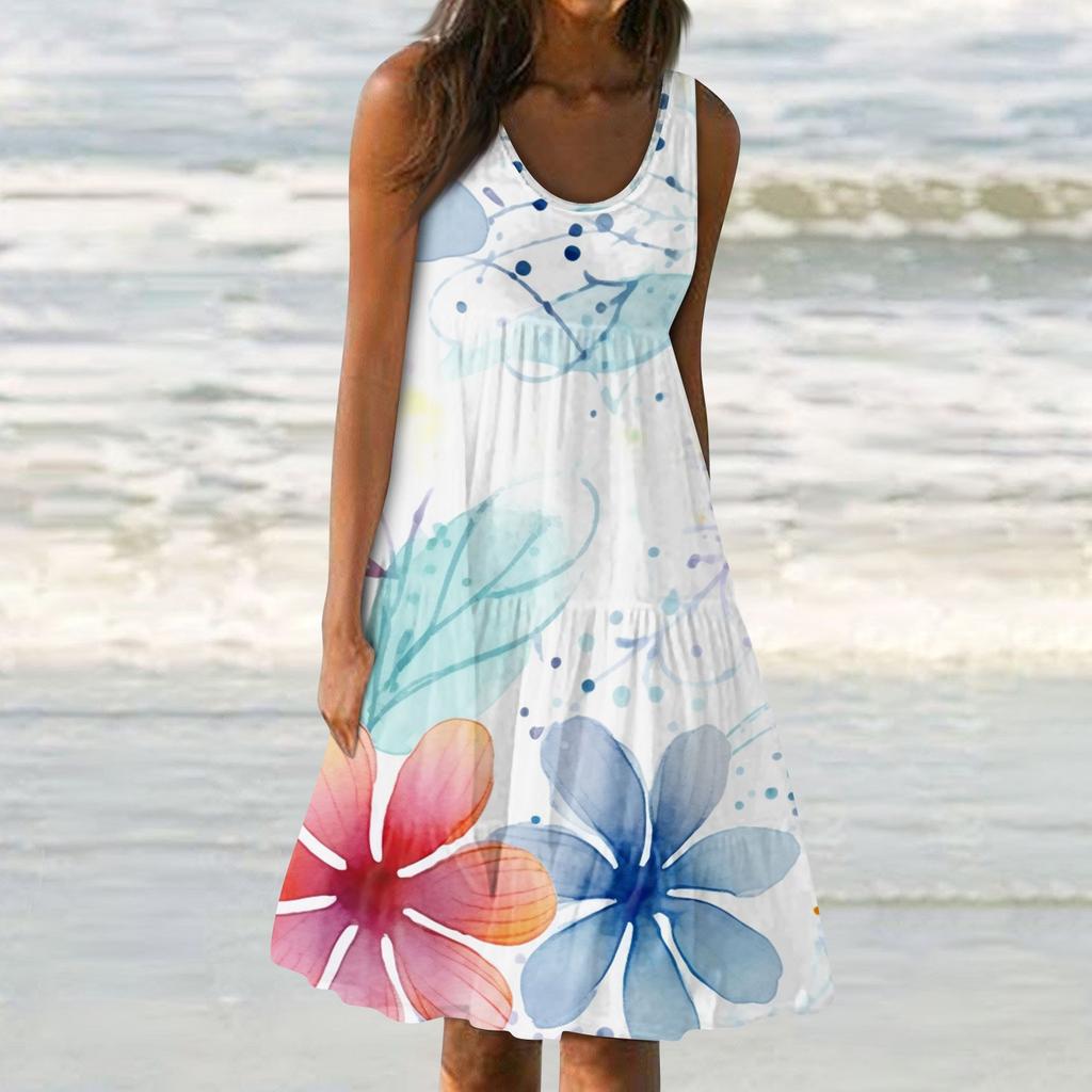 Женские платья-жилеты Лето-весна Плиссированные богемные платья Симпатичные струящиеся пляжные платья без рукавов Прямая футболка Платья-майки Платья с круглым вырезом