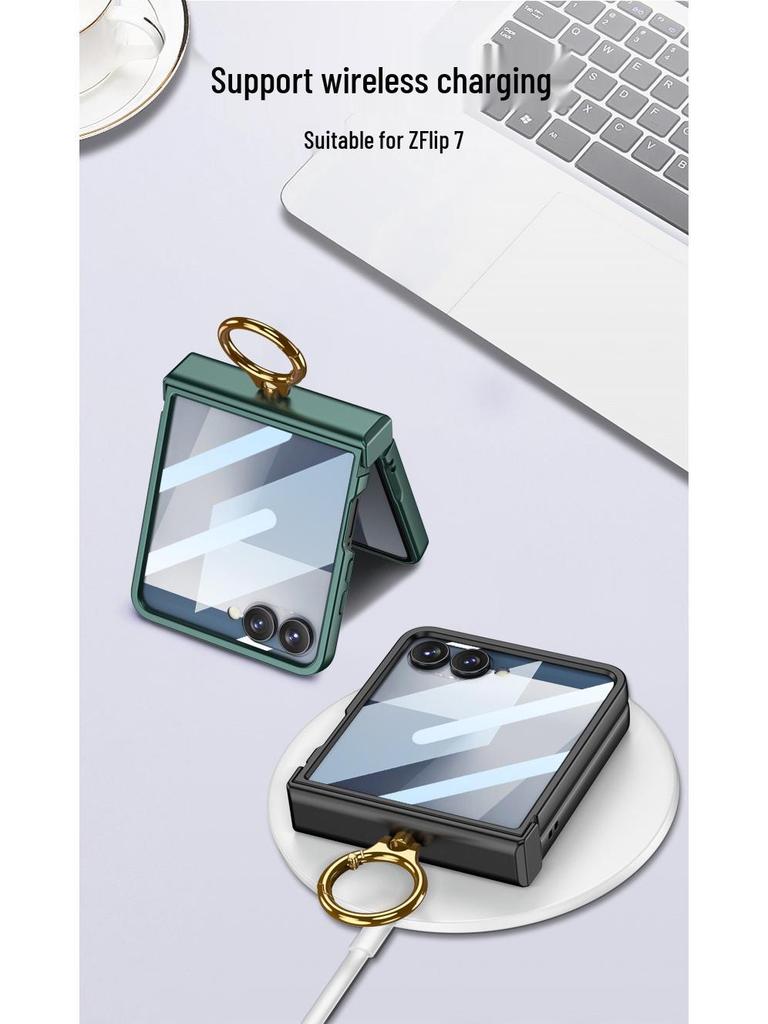 Чехол-накладка Samsung Z Flip7 с полной защитой, однотонный, с защитой шарнира и встроенной подставкой-кольцом
