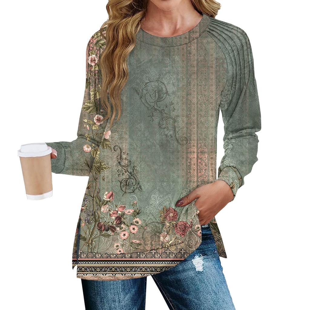 Women's Fashion Casual Split Print Pleated Hem Split Loose Fit Fall Sweatshirt Long Sleeve Top