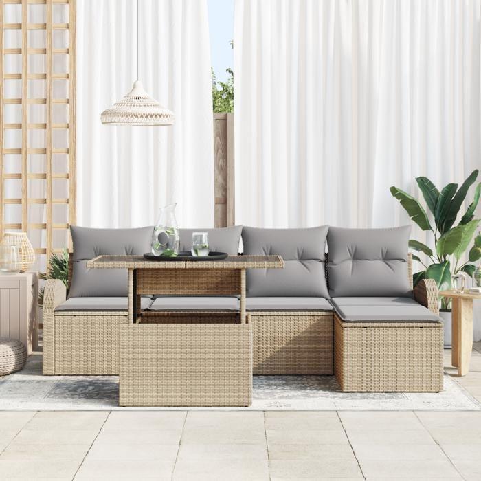 Ensemble de Canapés de Jardin de 6 Pièces avec Coussins Beige en Rattan Poly, Canapé de Jardin 2 Places avec Rangement et 3357363