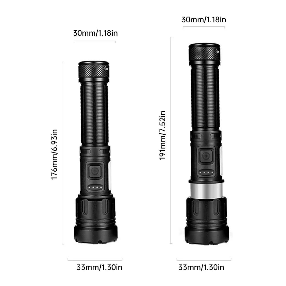 2000LM Powerful Zoom LED Flashlight with COB Side Lights 7 Modes Type-c Rechargeable Torch Lights Outdoor Emergency Lantern