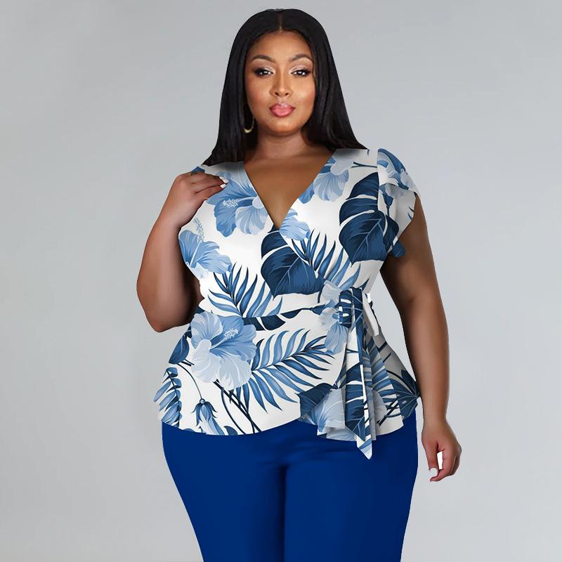 Women's Spring and Summer Printed V-Neck Short Sleeve Top Long Pants Casual Suit
