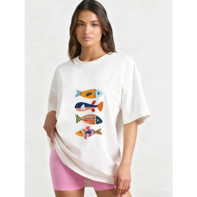 Футболка оверсайз черная с красочным принтом рыбок, повседневная летняя одежда