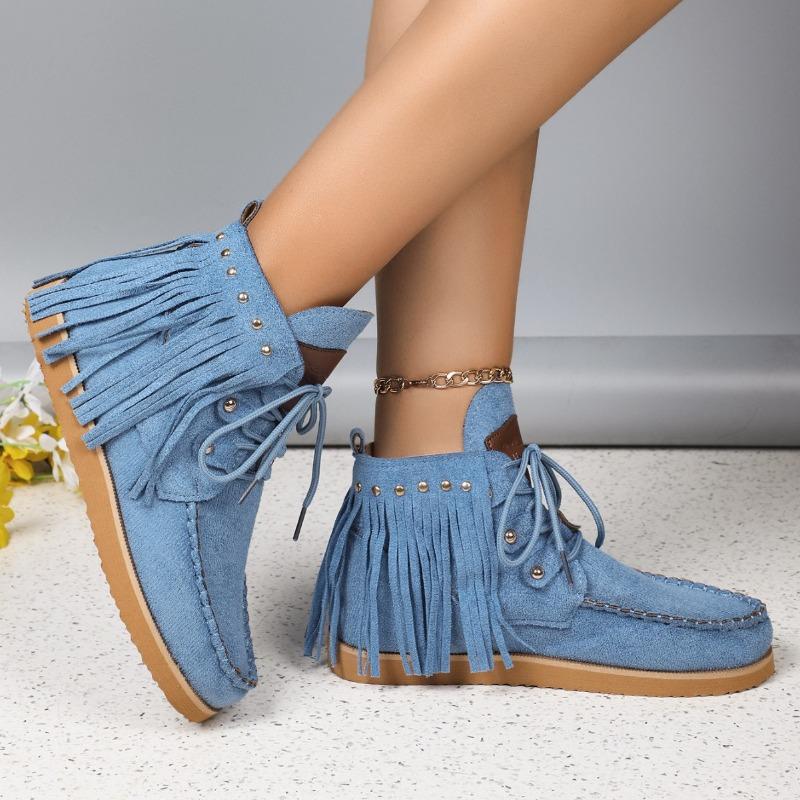 Женские ботинки 2024 года, новые короткие ботинки с кисточками и шнуровкой, с заклепками, с плоской подошвой, с кисточками, удобные нескользящие женские ботинки Chelsea Botas Mujer