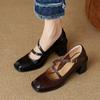 Fashion Classic Cross Strap Thick Heels Pumps Women Mid Heels Mary Jane Shoes French Style Thick Heel Brown High Heel Women Party Shoes
