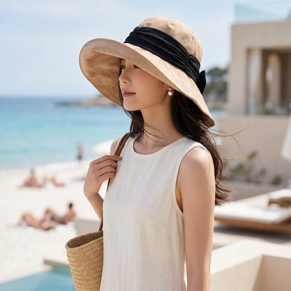 Solid Color Cotton Linen Fisherman Hat Cotton Linen Breathable Summer Sun Hat Wide Brim Sun Protection Sunshade Hat Ladies