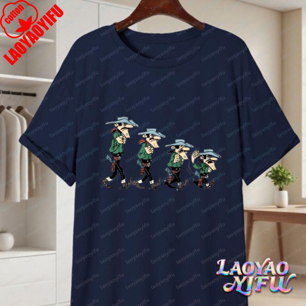 Classic Lucky Luke Cast Print Casual Tops Retro Western Animation Cotton TShirt Summer Casual Wear for Unisex Women Trendy Tee
