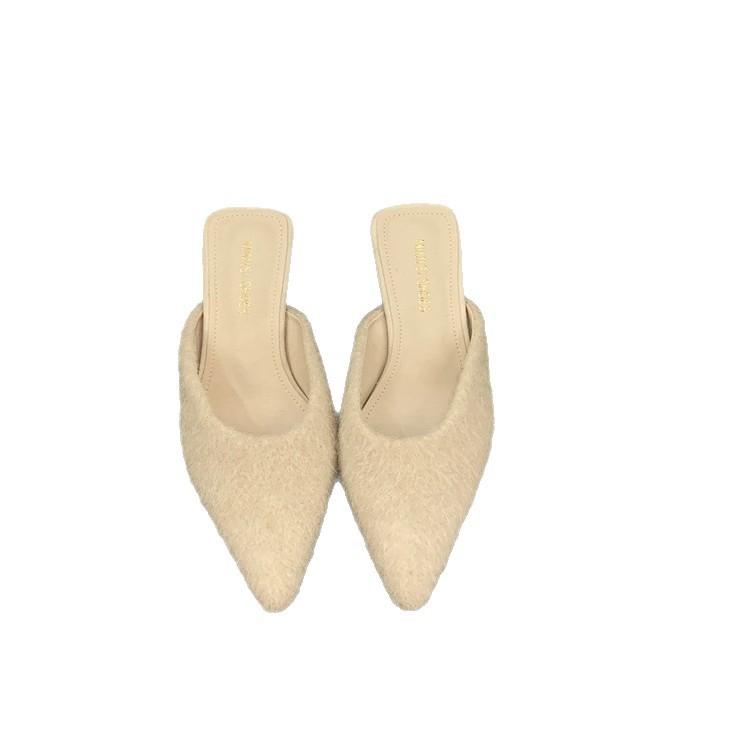 Suede Muller Shoes Autumn and Winter Special-shaped Heel Autumn and Winter Fluffy Slippers Women's Outer Wear Bag Head Rabbit Hair Warm French Sma