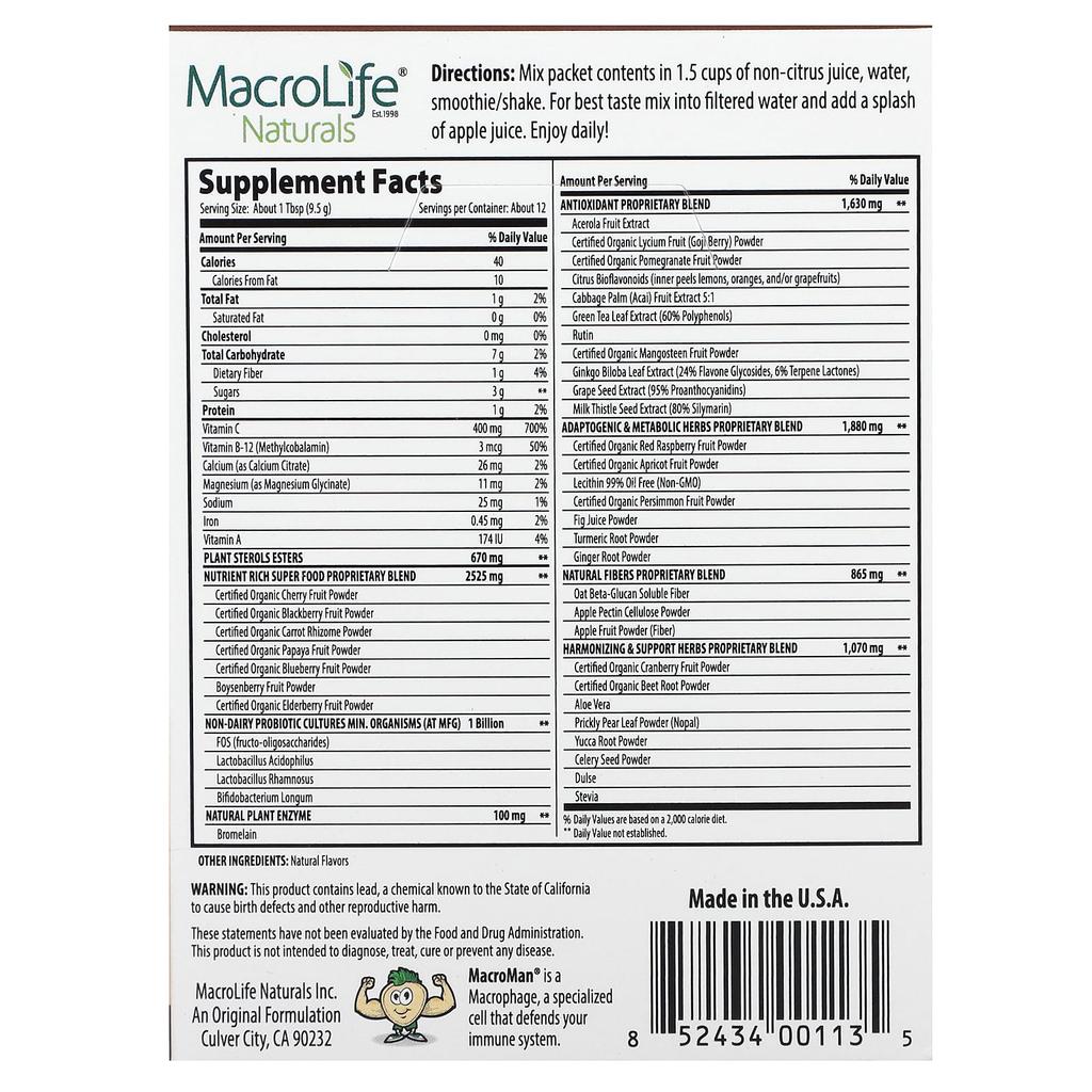 Macrolife Naturals Miracle Reds, Superfood, Goji Berry, Pomegranate, Acai, Mangosteen, 12 Packs, 0.3 Oz (9.5 G) Each
