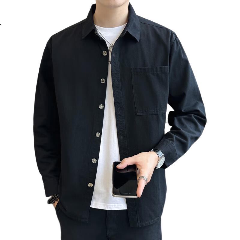 ROMON Men's Long Sleeve Shirt Autumn Winter Casual Loose Fit Trendy Jacket Black 2XL