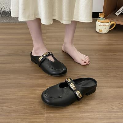 Весна и лето четыре сезона новые туфли женские на квадратном каблуке квадратный носок металлическая пряжка передняя сумка пустые полушлепанцы повседневные шлепанцы для мамы