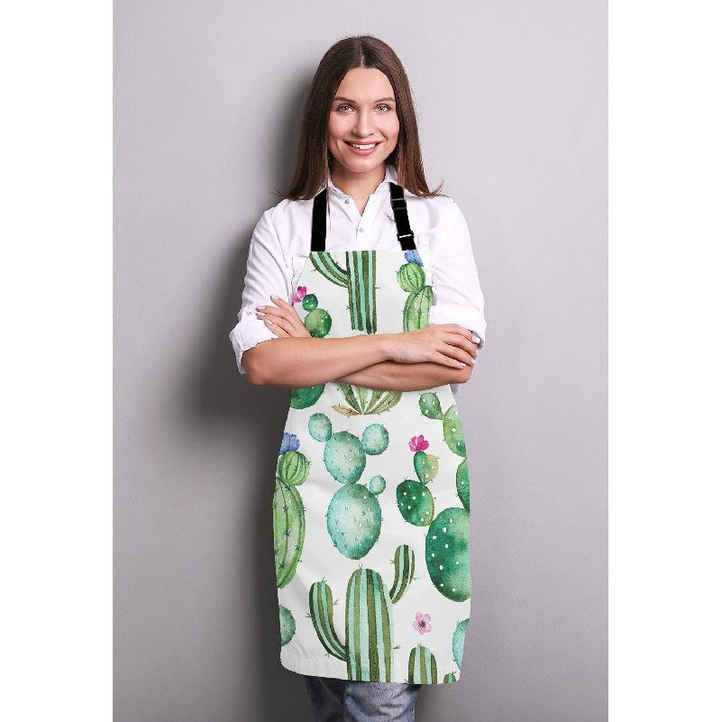 Cactus Adjustable Bib Apron, Tropical Watercolor Cactus Plants Cooking Kitchen Apron for Men Women