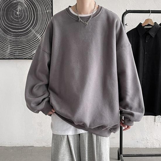 Sweatshirt Loose Solid Color Round Neck Long Sleeve Thick Warm Soft Unisex Casual Simple Style